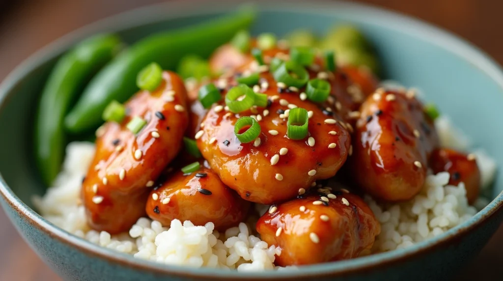 Chicken teriyaki Recipe with glossy sauce, served over rice and garnished with sesame seeds and green onions.