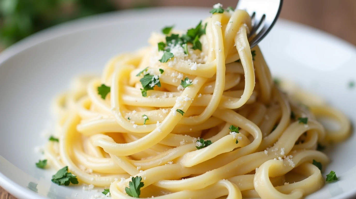 Creamy Fettuccine Alfredo with creamy Parmesan sauce, garnished with parsley and served on a white plate.