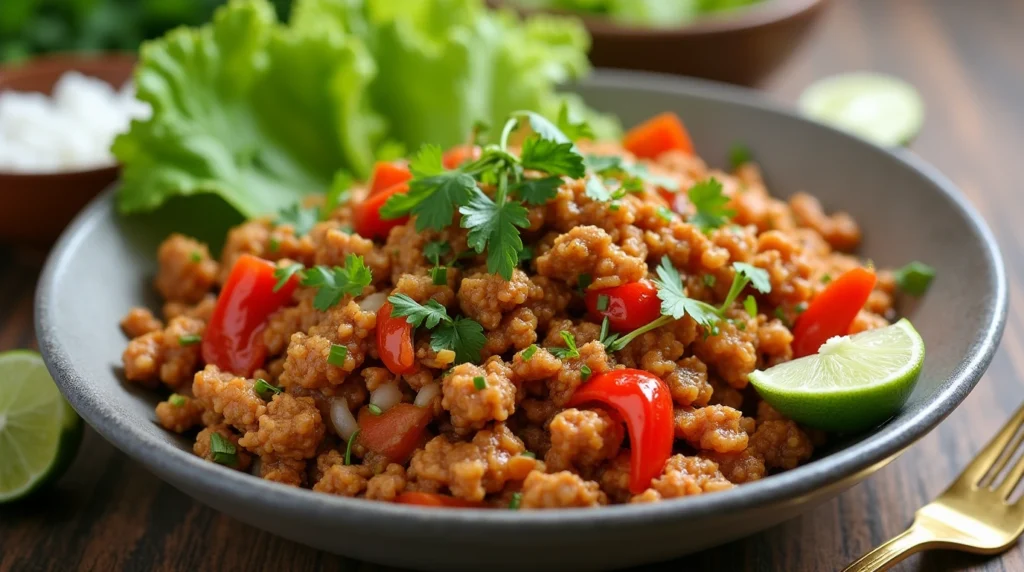 Ground chicken Recipestir-fry with bell peppers and onions, garnished with cilantro and lime wedges, served with rice.