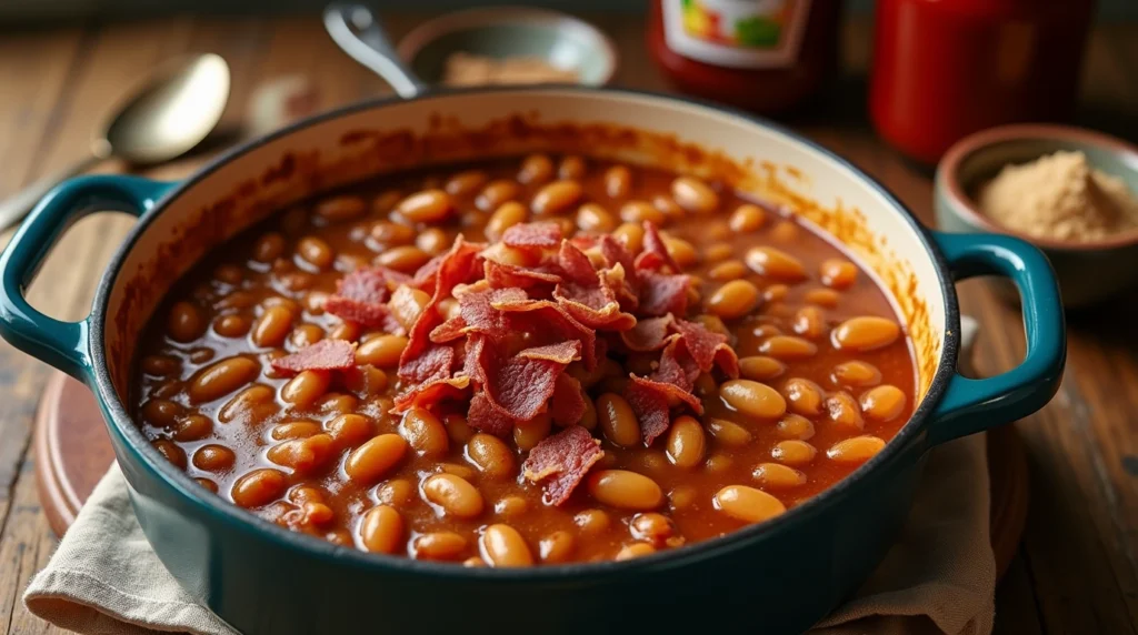 Baked beans Recipe with smoky sauce and bacon.