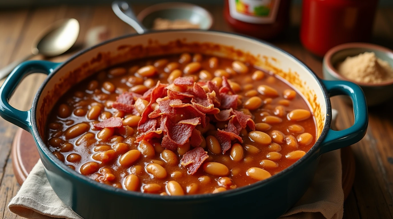 Baked beans Recipe with smoky sauce and bacon.