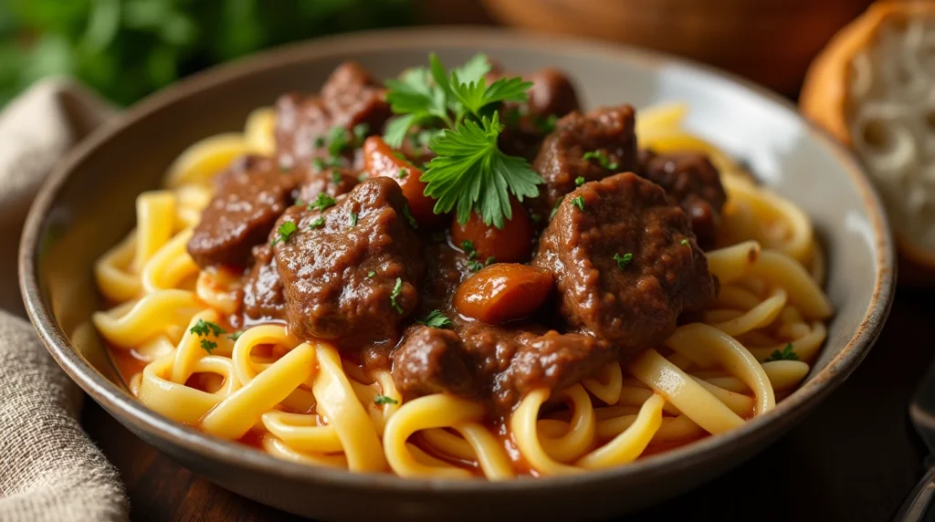 Beef and noodles recipe with tender beef chunks in a rich sauce, garnished with fresh parsley.