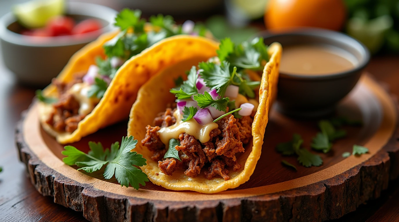 Birria tacos Recipe with crispy tortillas, shredded beef, melted cheese, and garnished with cilantro and onion, served with birria broth.