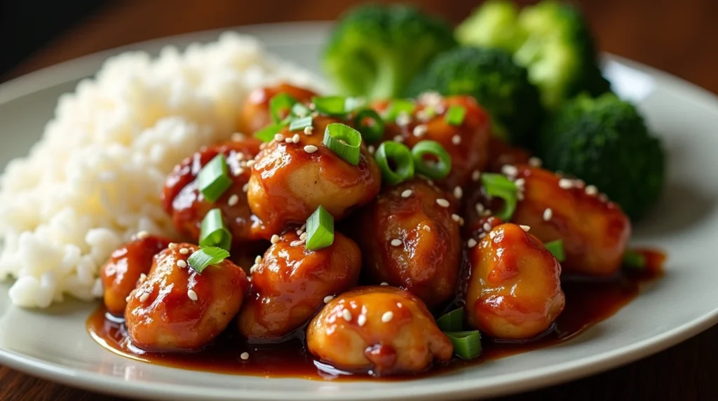 Bourbon chicken Recipe with glossy sauce, served with steamed rice and garnished with green onions.