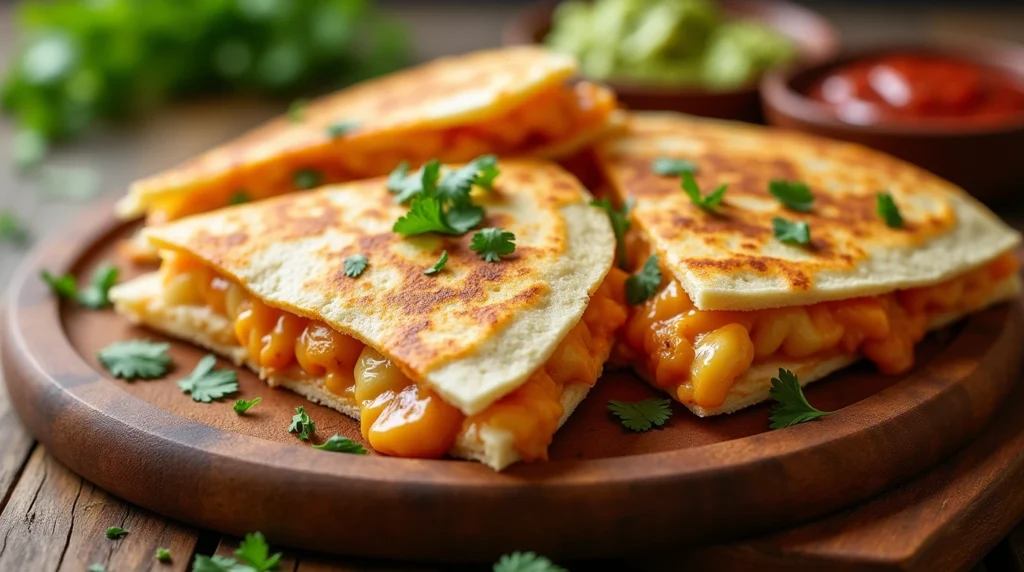 Golden chicken quesadilla Recipe with melted cheese, served with guacamole, sour cream, and salsa