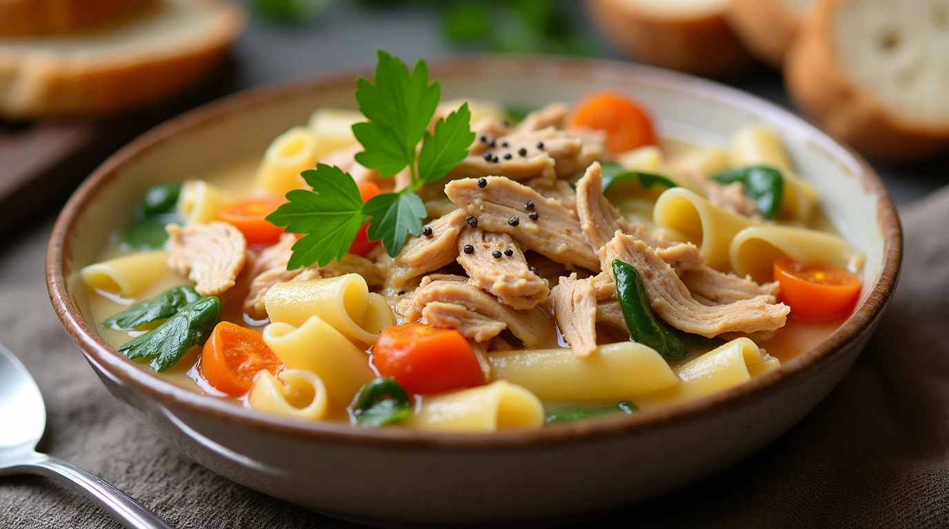 Chicken and noodles Recipe with shredded chicken, egg noodles, carrots, and celery in a creamy or light broth, garnished with fresh parsley.