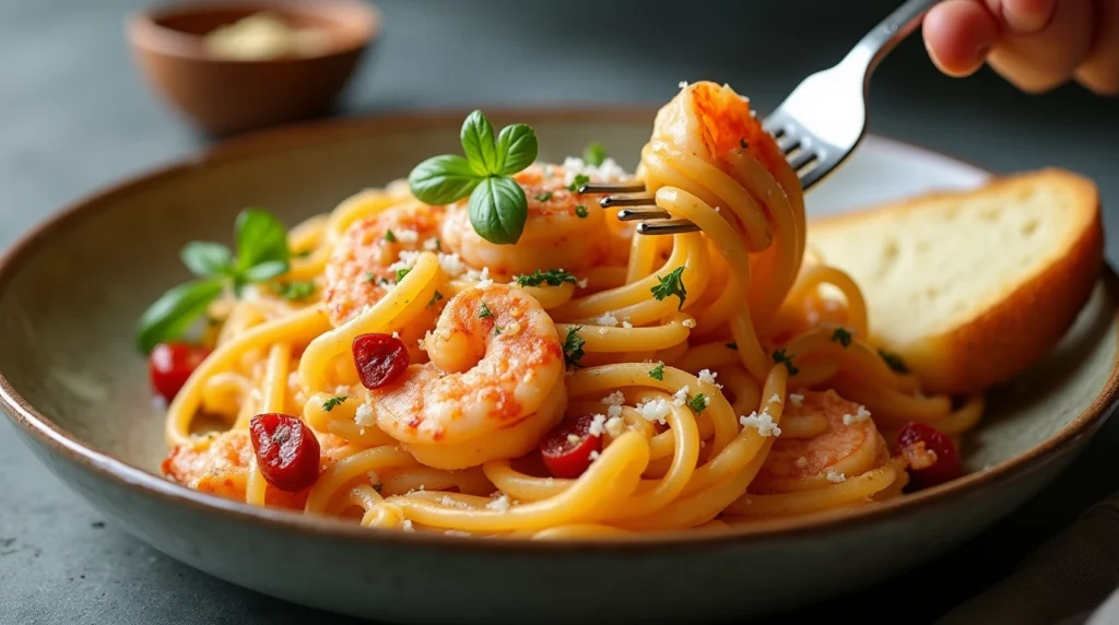 Creamy shrimp pasta recipe with sun-dried tomatoes, Parmesan, and basil, served in a bowl with garlic bread