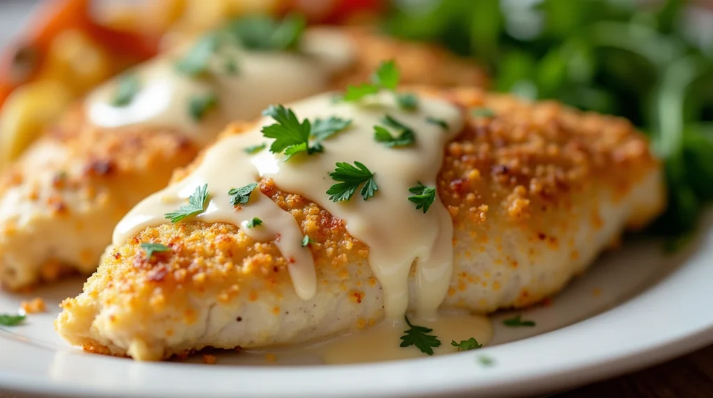 Golden garlic Parmesan chicken recipe with creamy sauce and parsley garnish, served with roasted vegetables.