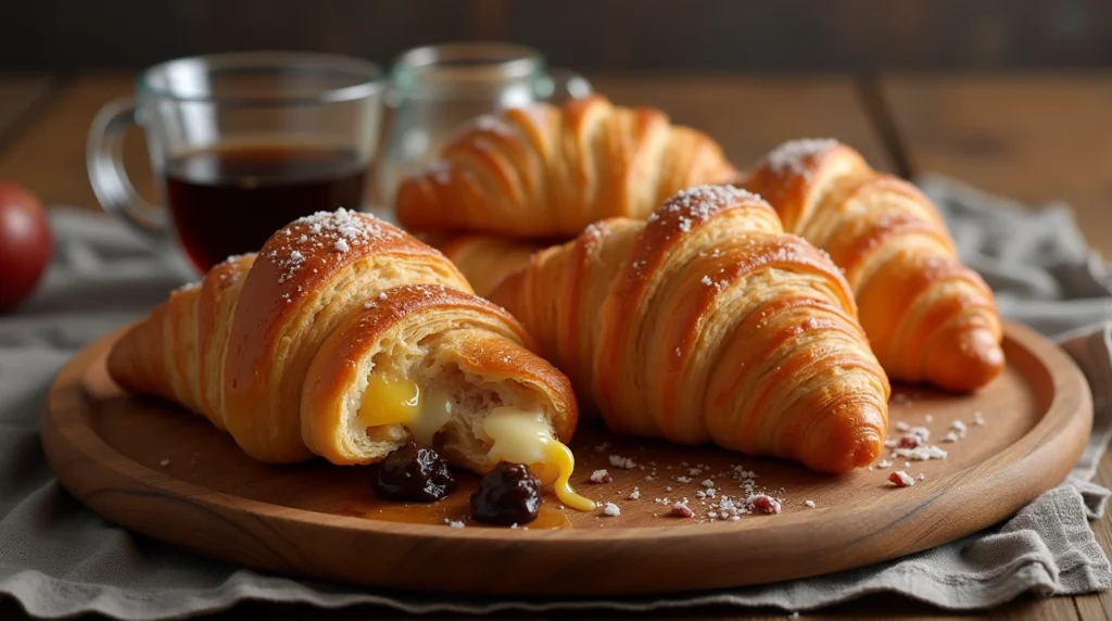 Golden brown Swiss Gipfeli Recipe croissants with flaky layers and optional chocolate and jam fillings, served on a wooden platter.