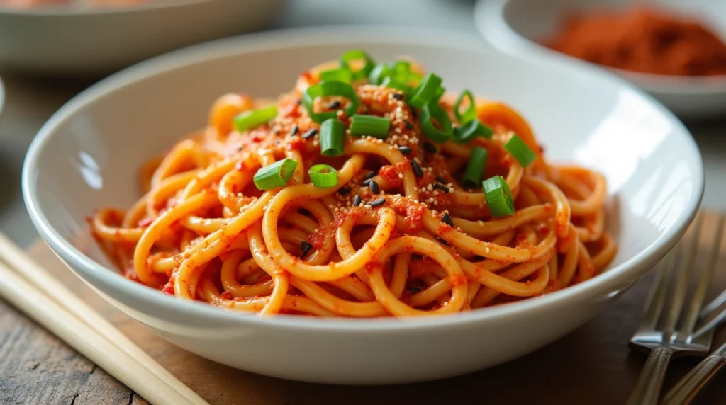 Creamy gochujang pasta recipe with scallions, sesame seeds, and red pepper flakes served in a white bowl.
