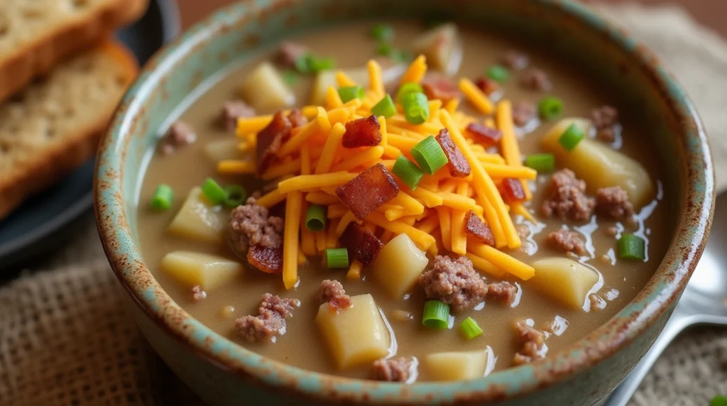 Creamy hamburger potato soup with chunks of potatoes, ground beef, cheddar cheese, and toppings of green onions and bacon bits.