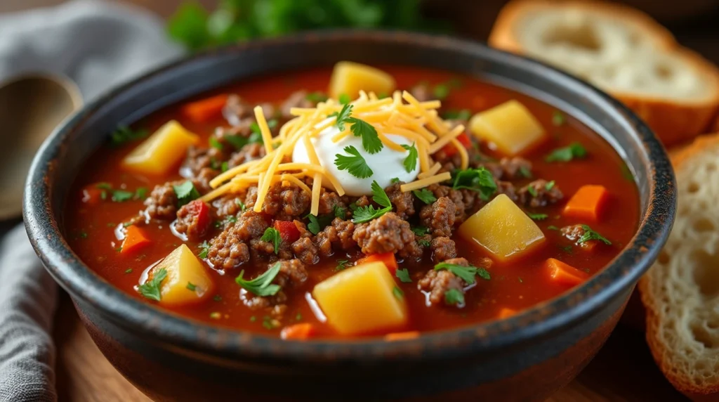 Hamburger soup Recipe with ground beef, potatoes, and vegetables in a rich broth, topped with shredded cheese and parsley.