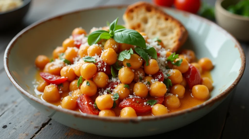 Marry Me Chickpea Recipe in a creamy coconut sauce with sun-dried tomatoes, garnished with fresh basil and vegan Parmesan.