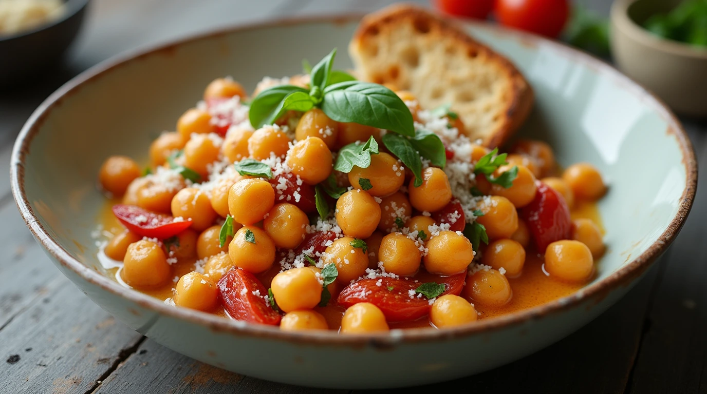 Marry Me Chickpea Recipe in a creamy coconut sauce with sun-dried tomatoes, garnished with fresh basil and vegan Parmesan.