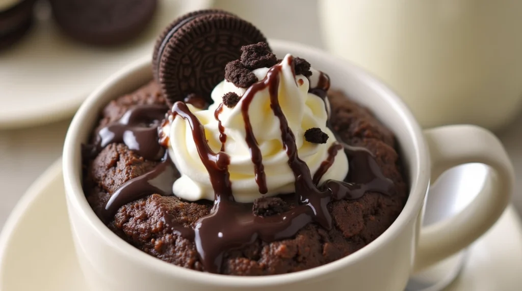 Oreo mug cake Recipe with whipped cream and chocolate syrup, served in a mug with a crumbled Oreo topping