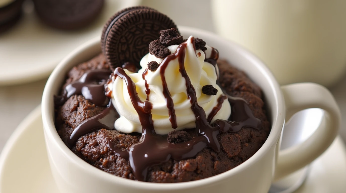 Oreo mug cake Recipe with whipped cream and chocolate syrup, served in a mug with a crumbled Oreo topping