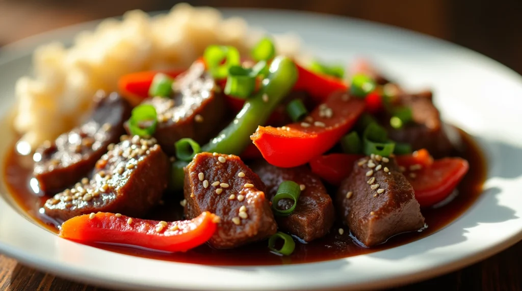Pepper steak Recipe with beef, bell peppers, and onions in a savory sauce, garnished with sesame seeds and green onions.