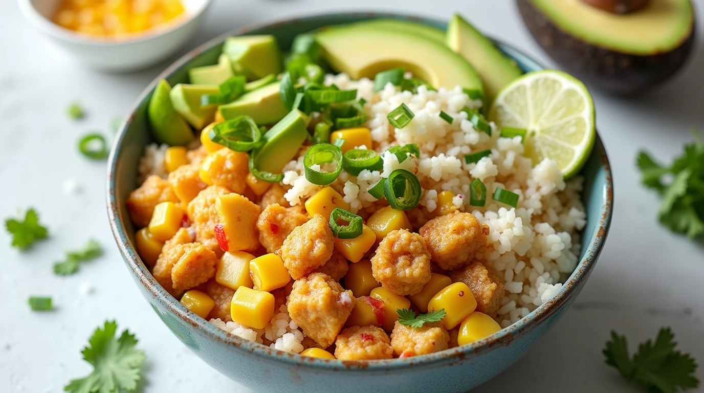 Street Corn Chicken Rice Bowl Recipe - A flavorful dish featuring seasoned chicken, zesty street corn, and fluffy rice garnished with lime wedges and green onions.