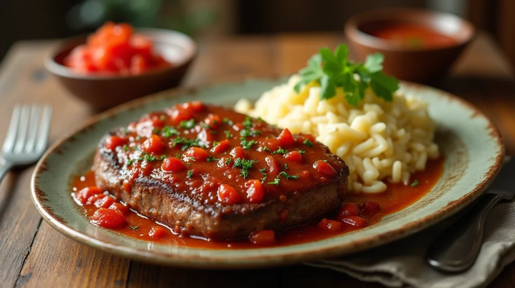 Swiss steak Recipe smothered in tomato-based sauce, served with mashed potatoes and garnished with fresh parsley.
