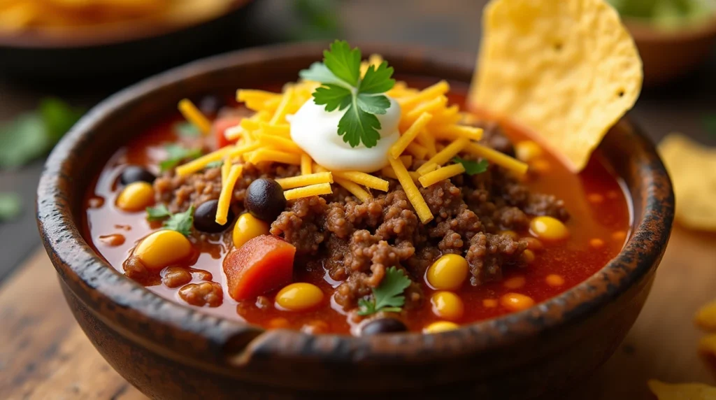 Taco soup Recipe with ground beef, beans, corn, and tomato broth, topped with cheese, sour cream, and cilantro, served with tortilla chips.