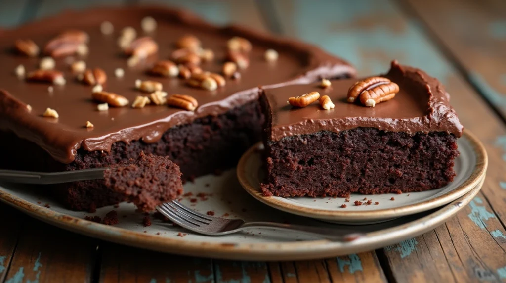 Texas Sheet Cake Recipe with chocolate frosting and chopped pecans, served on a wooden table.