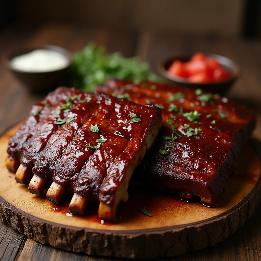 Juicy, glazed BBQ beef ribs recipe served on a wooden cutting board, garnished with fresh green onions, with side bowls of barbecue sauce, pickled onions, and chopped herbs.